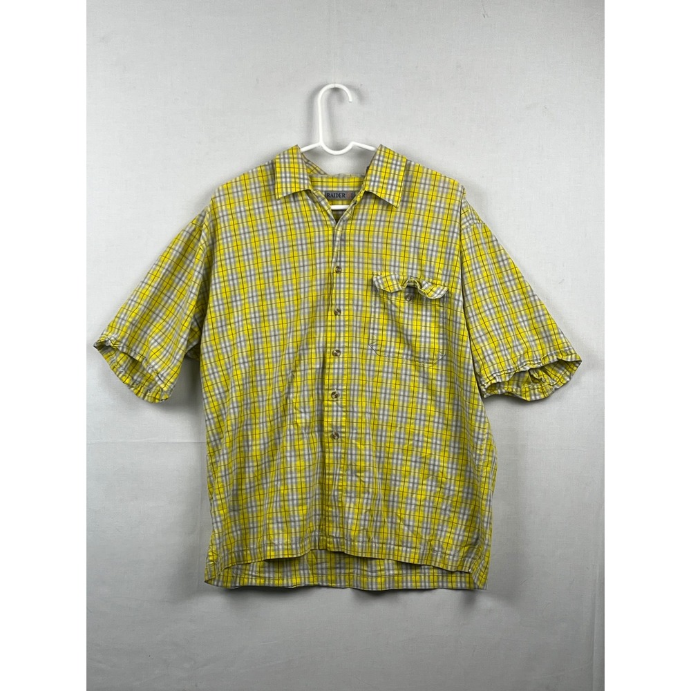 Raider Jean Co Button Down Shirt Mens‎ Large Plaid Short Sleeve Yellow Grey L